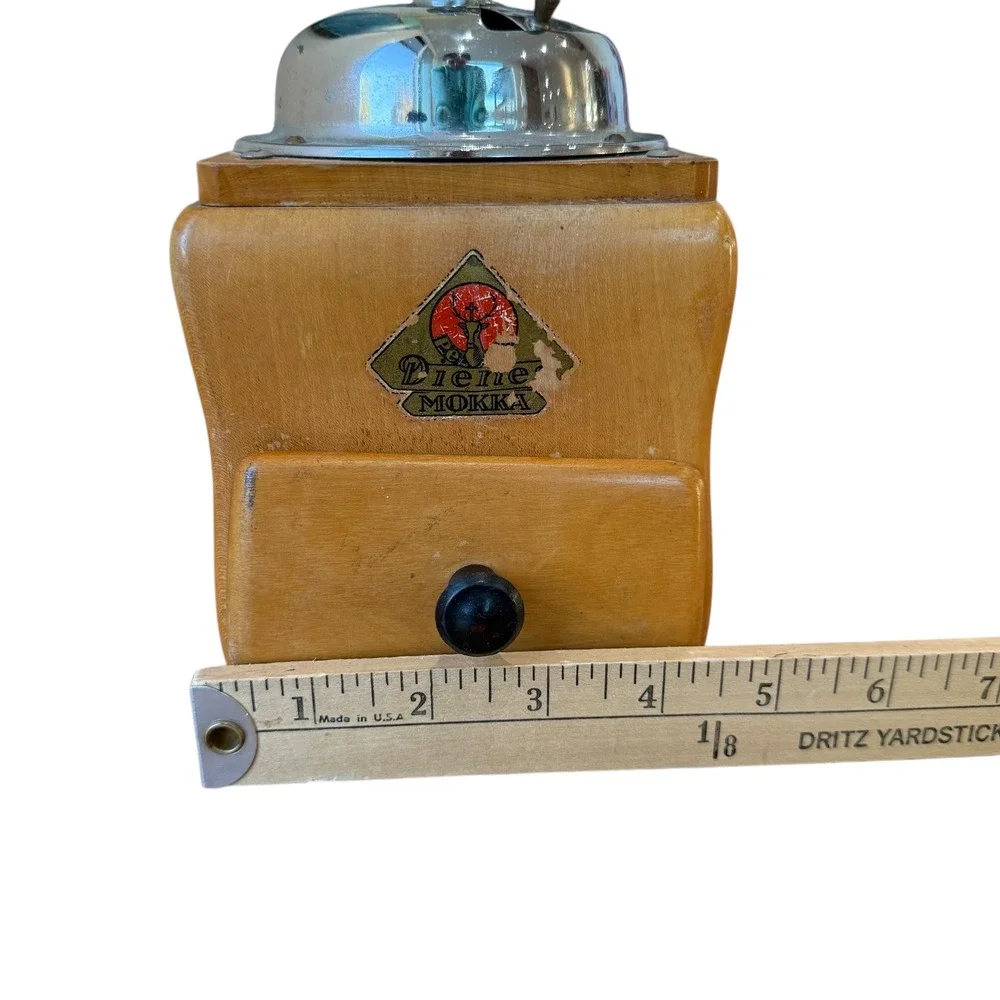 Vintage Dienes Mokka Manual Coffee Grinder‎ Wood Chrome Handle Drawer